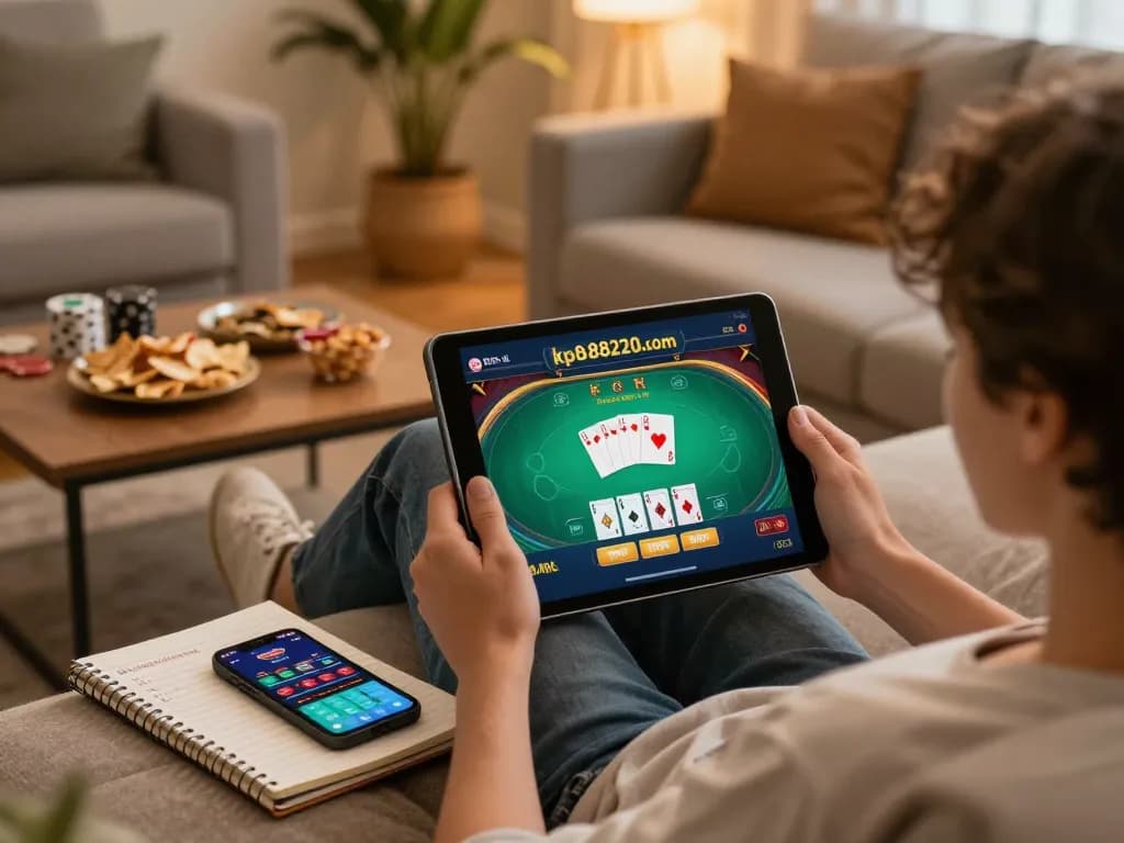 Engaging gaming moment at https://kp88220.com/: Player enjoying an online poker game on a tablet.