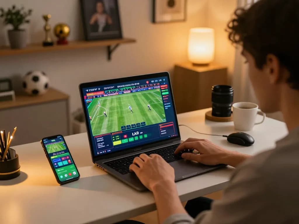 Engaging in sports betting on tg88 app while enjoying a cozy home setup with laptop, showcasing the online gambling experience