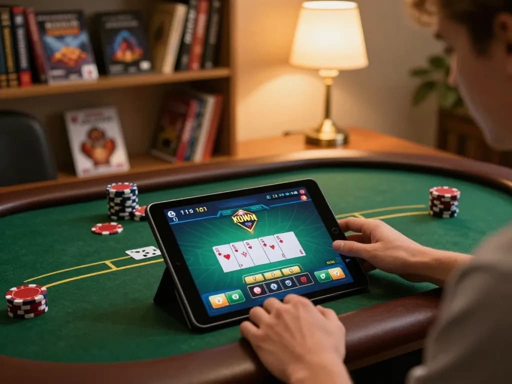 Engaging in a thrilling KUWIN online poker game on a tablet, showcasing strategic gameplay.