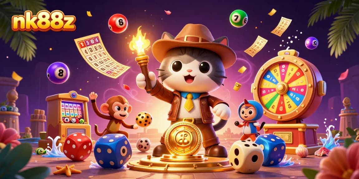 Experience nk88z for exciting lottery games as a cartoon cat discovers riches in a vibrant casino