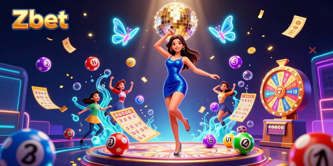 Zbet offers exciting lottery games with vibrant balls and engaging visuals in an animated scene.