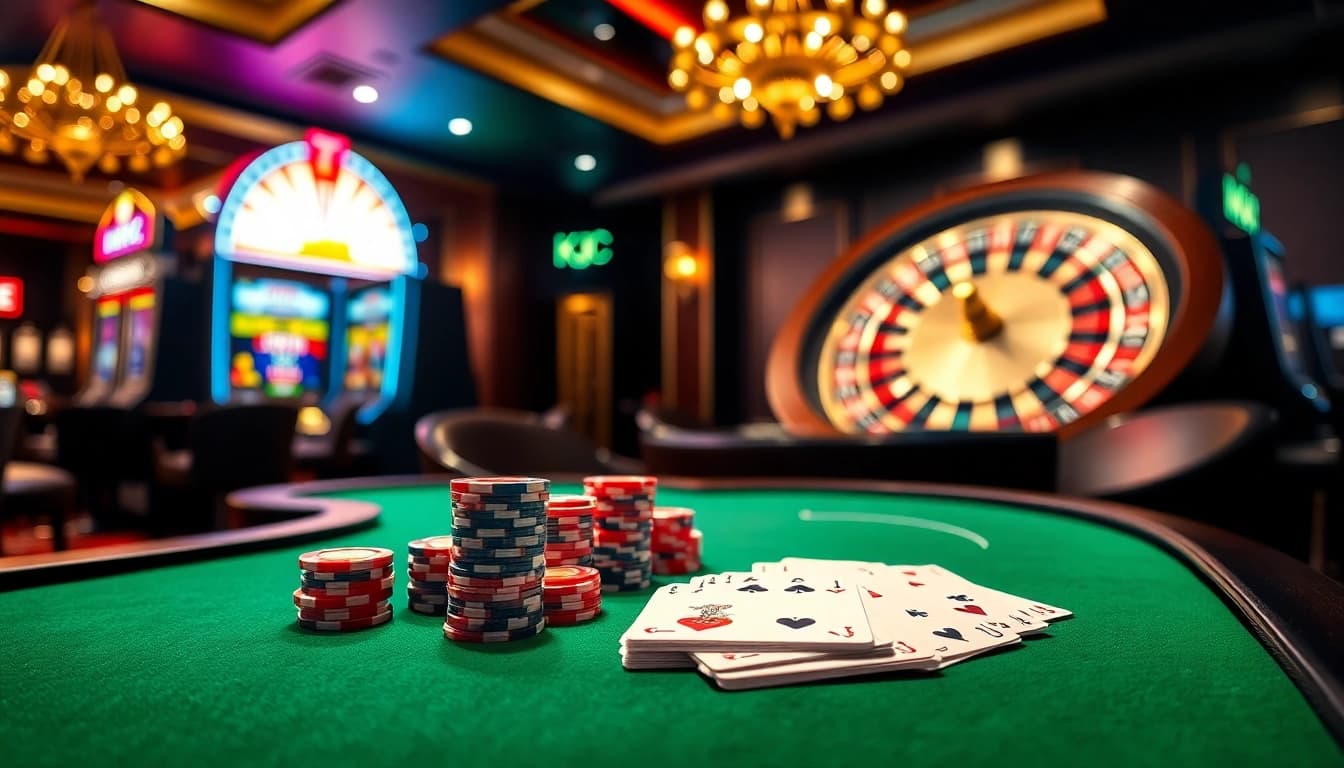 KJC players enjoying a vibrant poker game at a luxury casino table with colorful chips.