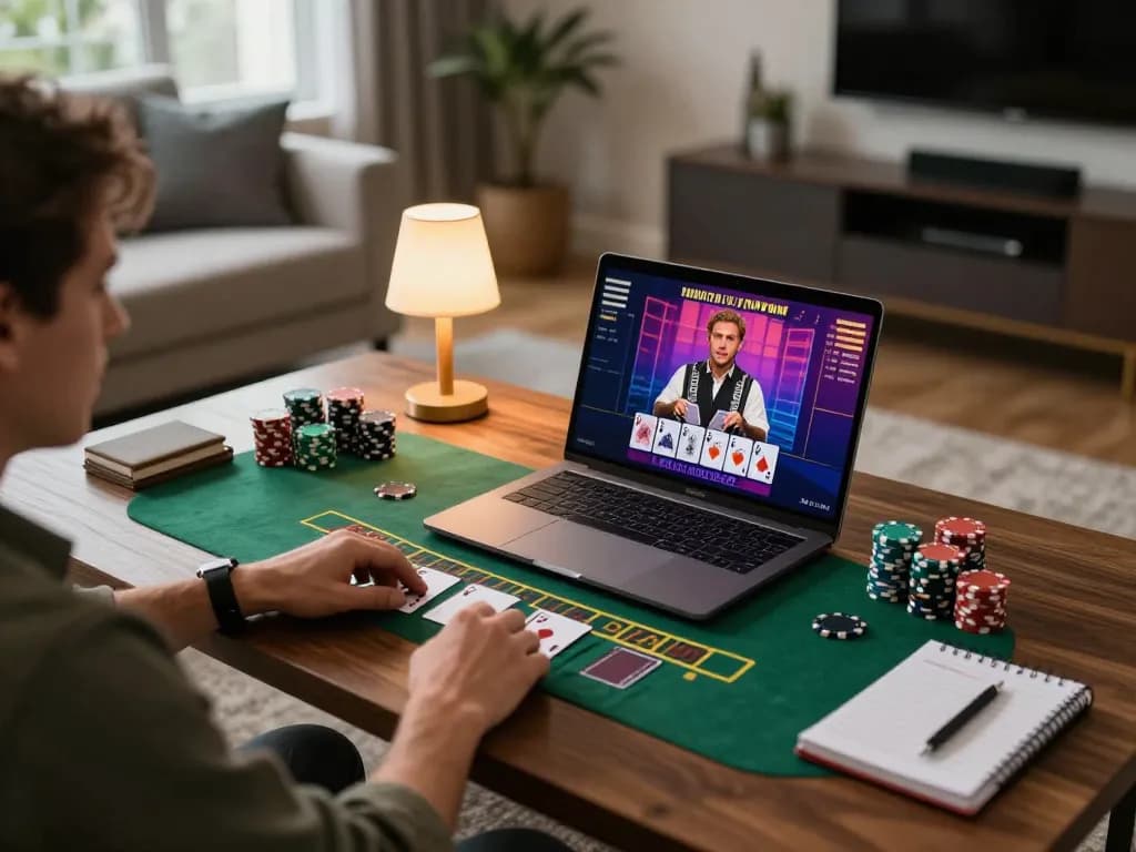 Dabet player engaging in live blackjack on a laptop, with betting strategy notes beside chips in a stylish home setting.