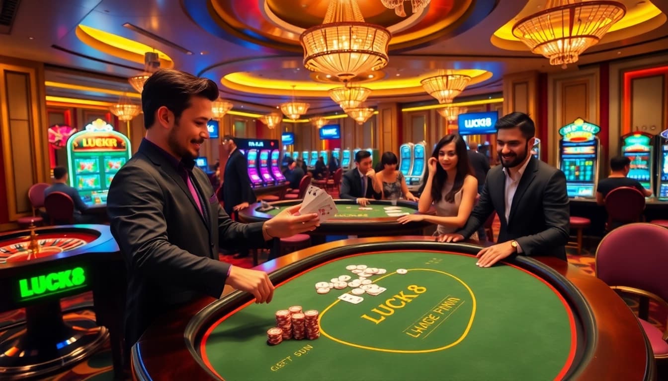 Experience the excitement of LUCK8 at a luxurious casino with vibrant gaming tables and slot machines.