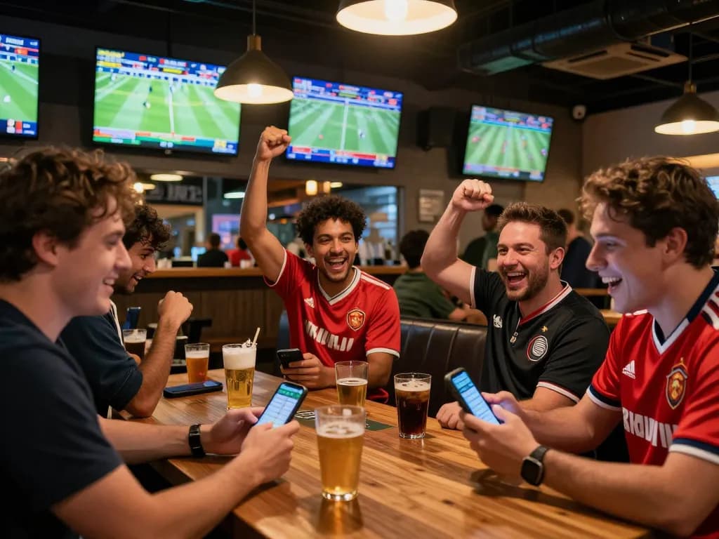 Excited patrons engaged in tỷ lệ cá cược at a lively sports bar, cheering for live games.
