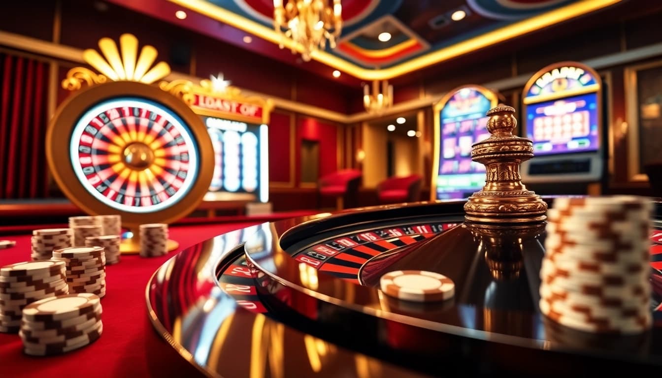 Winning moments at Luckywin com casino with a vibrant roulette wheel and poker chips.