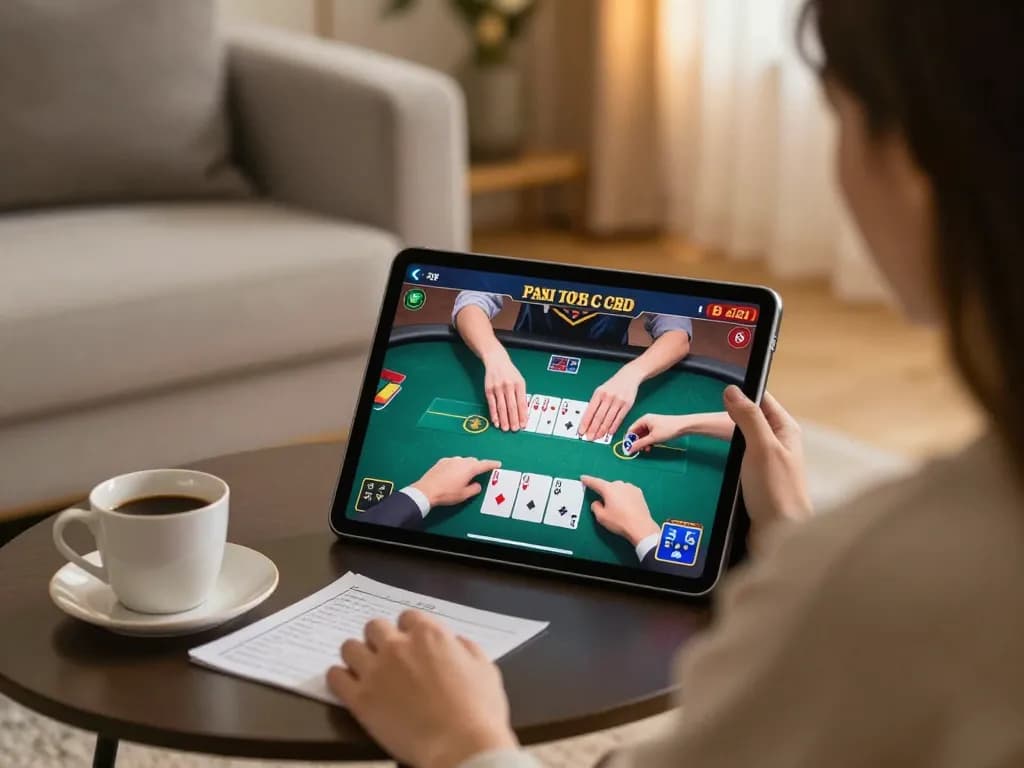 Playing game bài on a tablet in cozy living room showcasing strategic gameplay