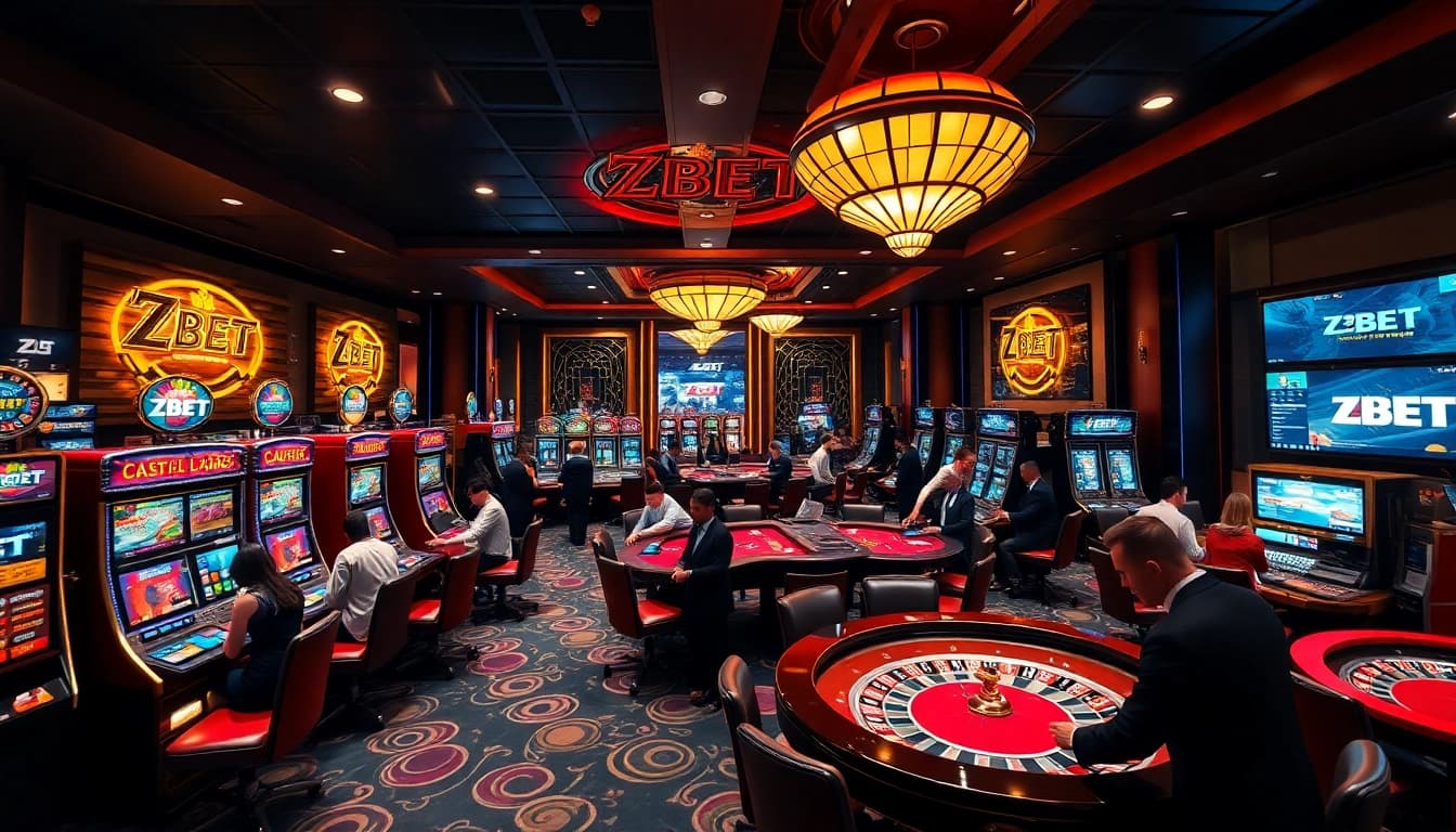 ZBET enhances the gaming experience at a lively casino with vibrant tables and slot machines.