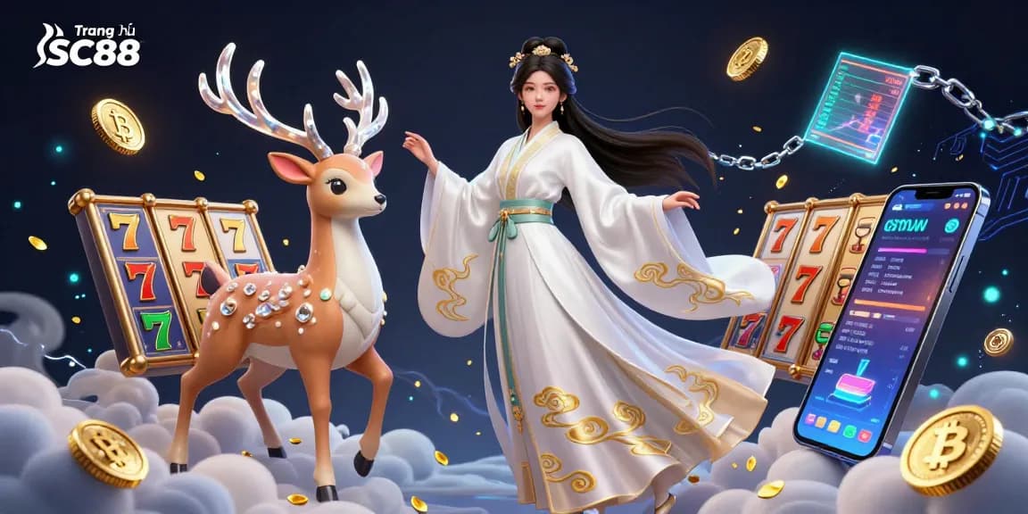Experience the excitement of Trang chủ SC88 with an enchanting casino scene filled with slot games and neon details.