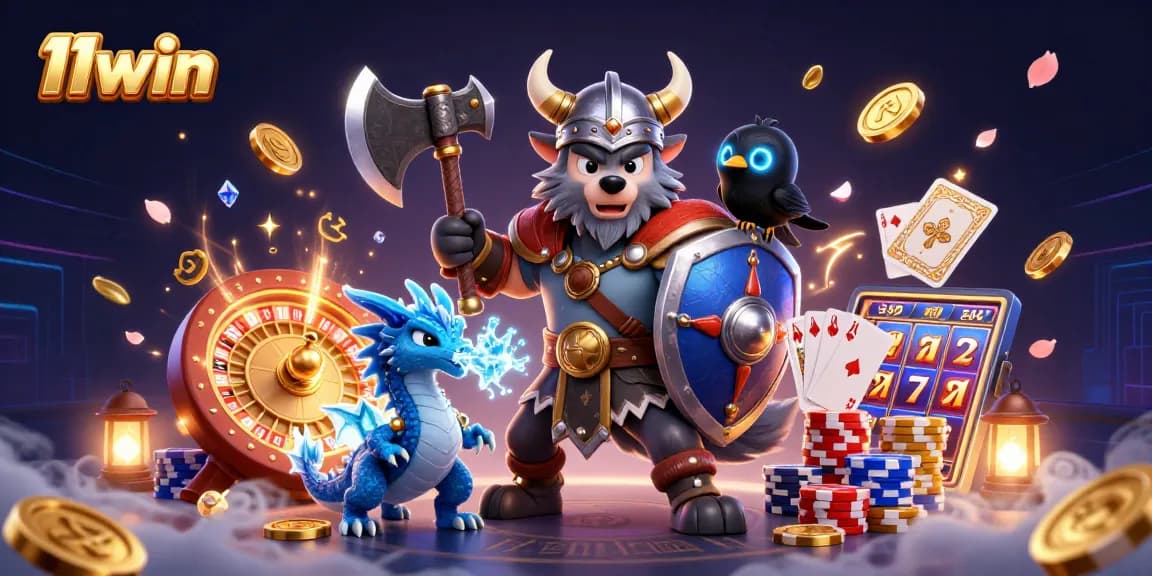 Experience 11win’s thrilling gaming with a Viking warrior, fierce dragon, and dynamic casino elements.