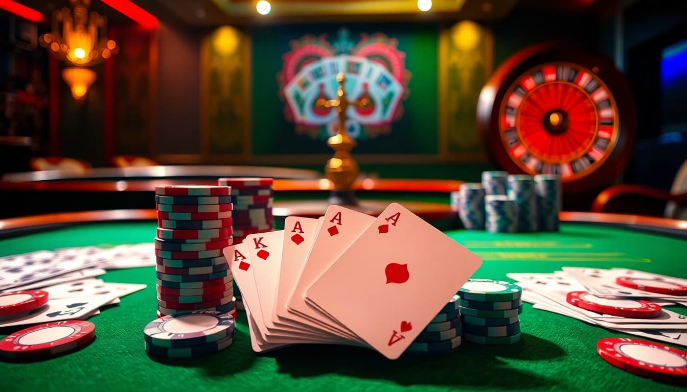 Poker table setup with chips and cards at 58WIN casino, showcasing a thrilling gambling scene.