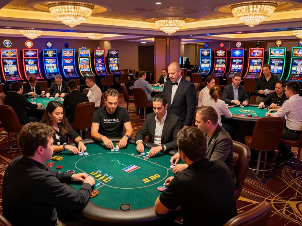 Experienced players engaging at a Go8 casino table, showcasing vibrant gameplay in a stylish atmosphere