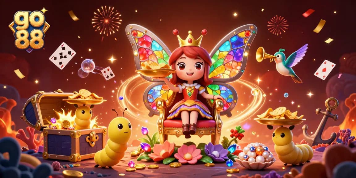 Experience the excitement of go 88 casino with a vibrant, animated 3D illustration of a butterfly queen and gaming elements.