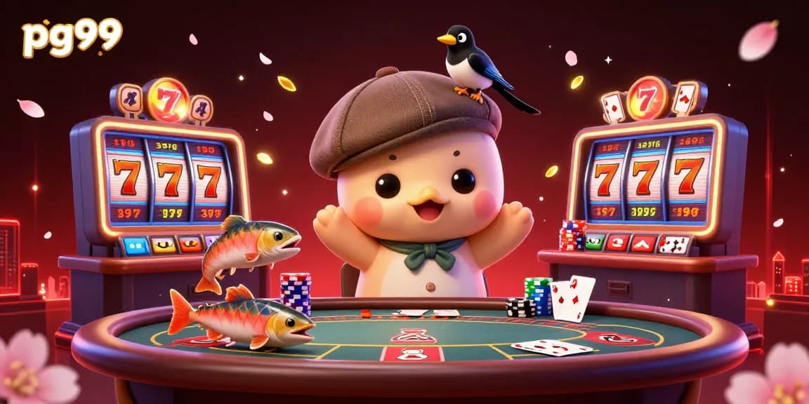Engage with pg99's vibrant 3D casino scene featuring games and playful characters in action.