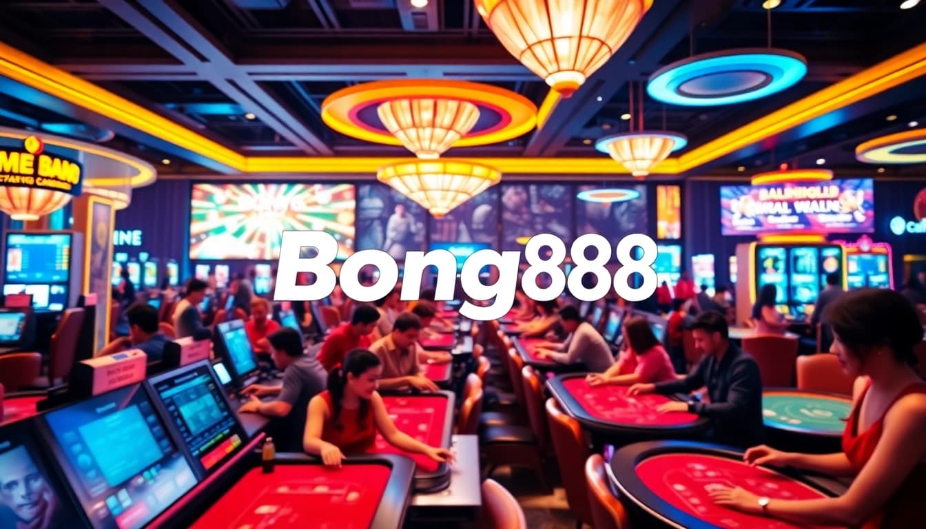 Bong88 casino scene with players engaging at tables in an exciting atmosphere.