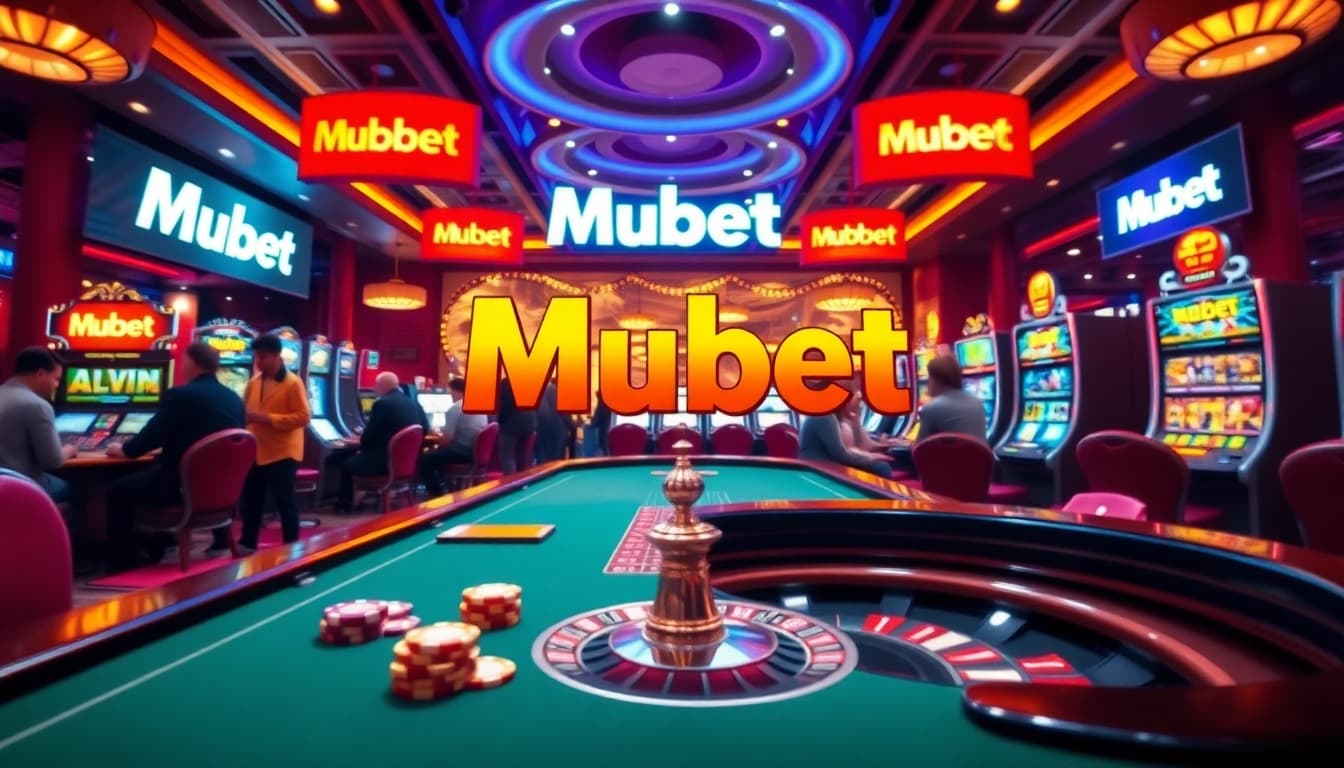 Mubet enhances the thrill at a luxurious casino table with poker chips and a roulette wheel.