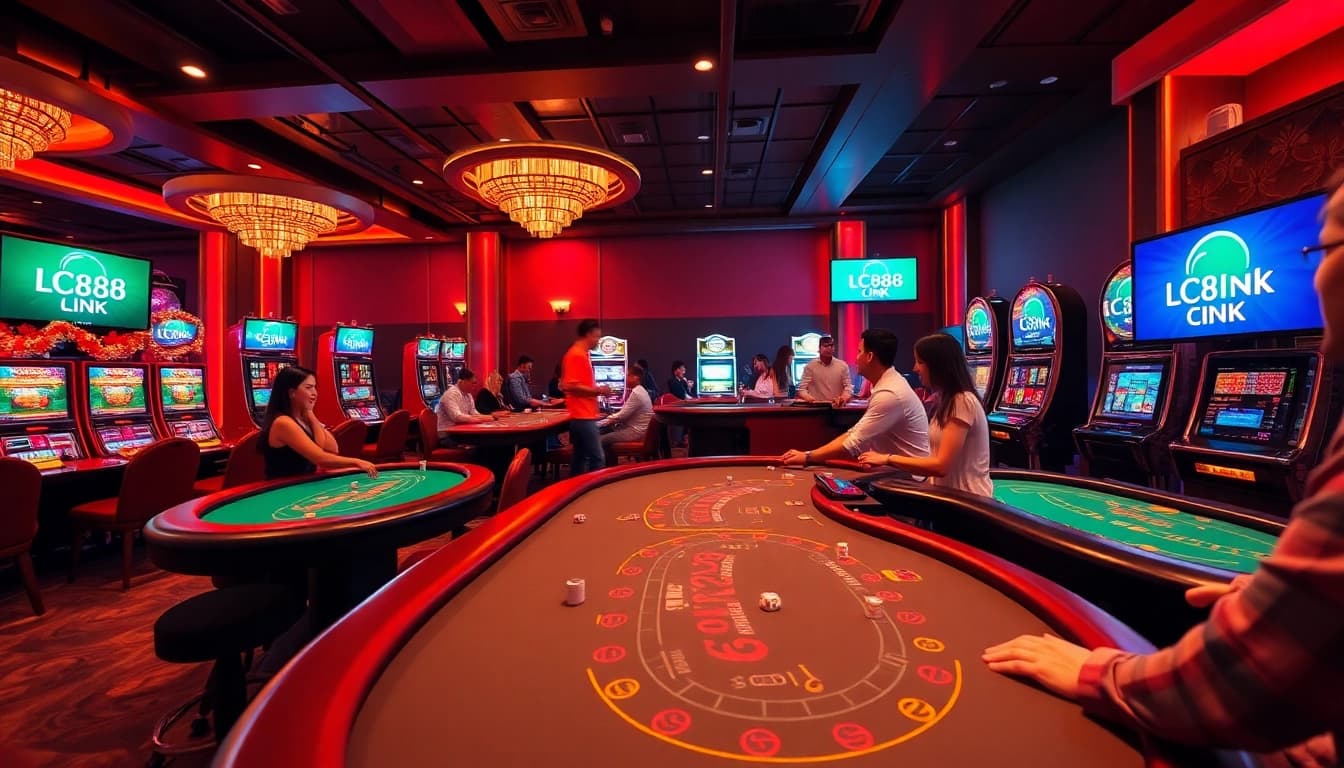 Engaging scene of players at an upscale casino featuring the LC88 Link logo with vibrant gaming elements.