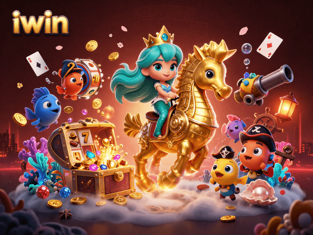 Win big with iwin as a magical mermaid princess rides a seahorse in a vibrant casino scene.