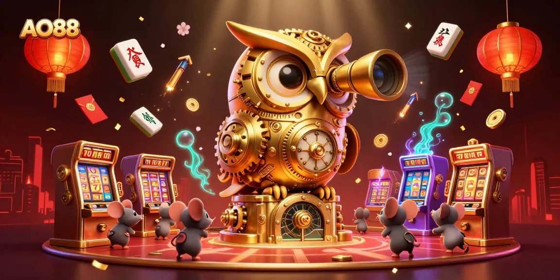 Bet big at AO88 while watching the grand golden owl oversee the vibrant casino slots.