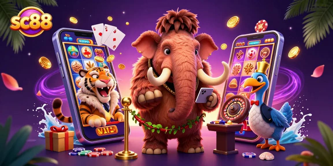Win big with sc88 as a woolly mammoth checks IDs at a vibrant casino entrance.