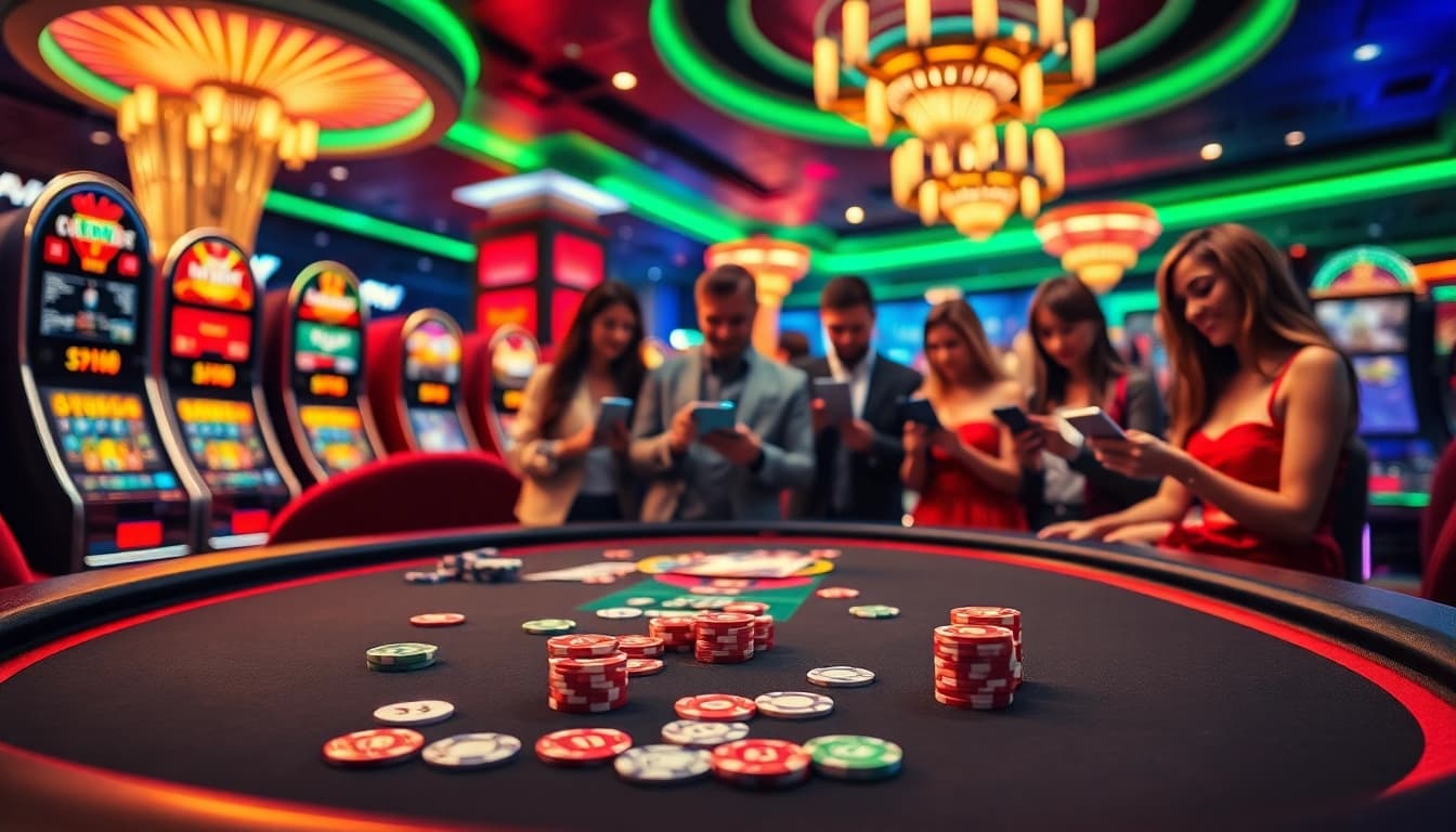 Experience luxury gambling vibes with 7M at a vibrant casino table surrounded by eager players.
