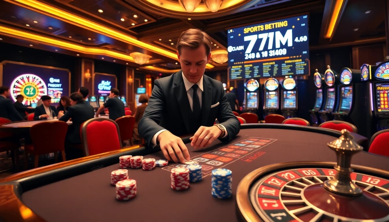 Exciting gambling atmosphere featuring 7M sports betting action with dealers and roulette wheels.