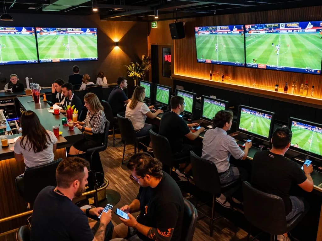 Experience the excitement of sbobet sports betting in a modern lounge with live events displayed.