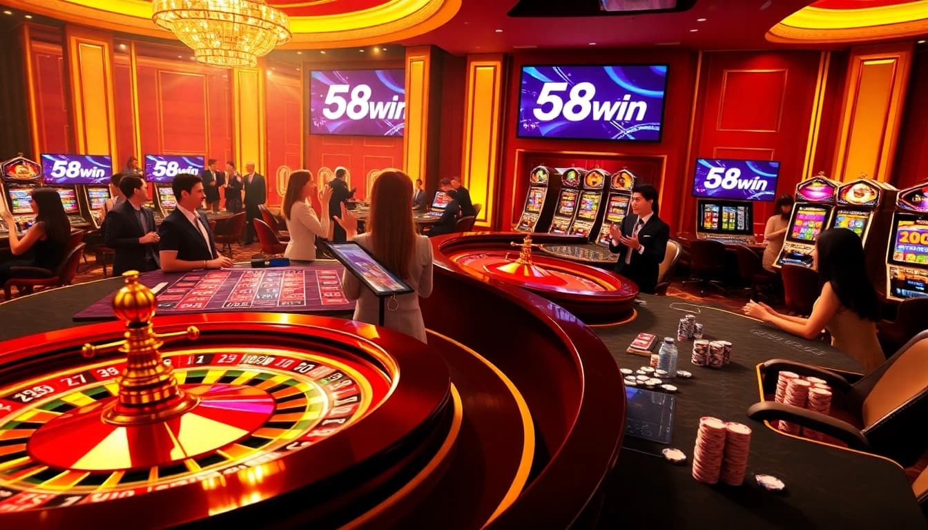 A dynamic online casino scene showcasing 58win with roulette, poker chips, and vibrant slot machines.