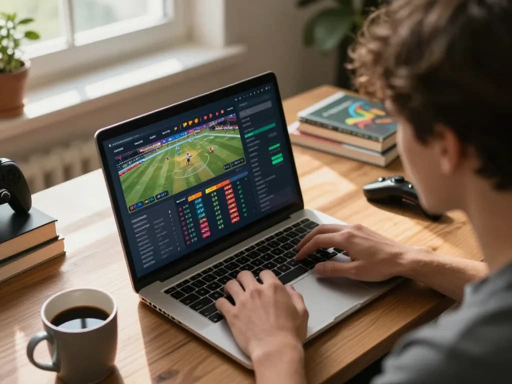 Engaged user strategizing sports betting odds on Tin88 with cozy home setup.