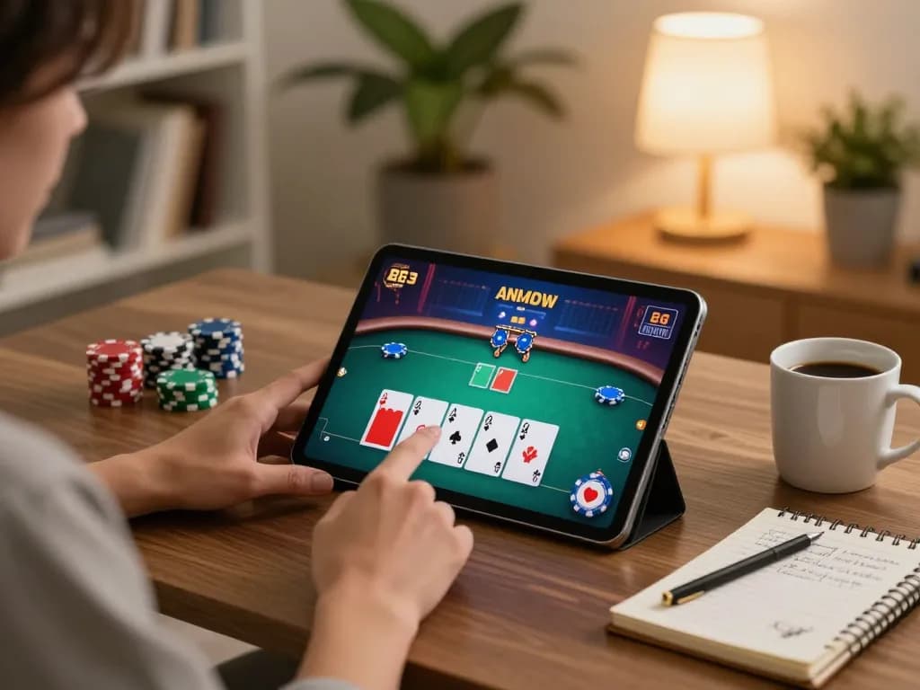 Players engaging in strategic poker gameplay on F8bet app in a cozy home setting