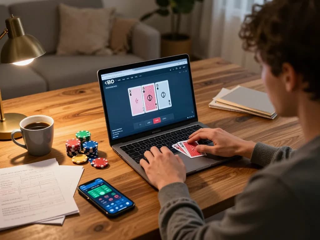 Person playing online poker on laptop with SC88 strategies in cozy home setting.