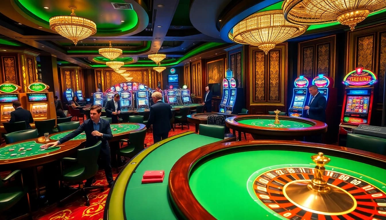 Players enjoying poker and slots at 58win's vibrant casino with a luxurious ambiance.