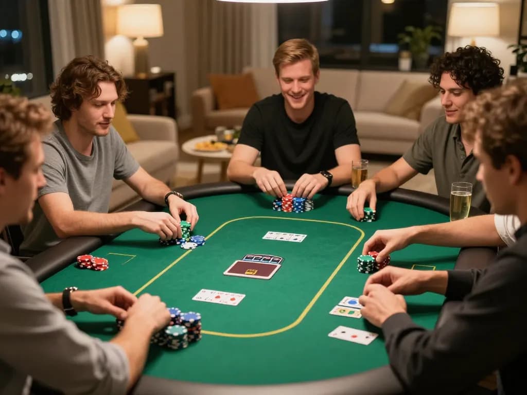 Engaged players strategizing in a friendly home poker game at a fabet gathering.