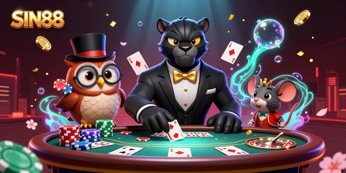 SIN88 showcases a vibrant poker scene with a stylish panther dealer and whimsical characters amidst dynamic casino elements.