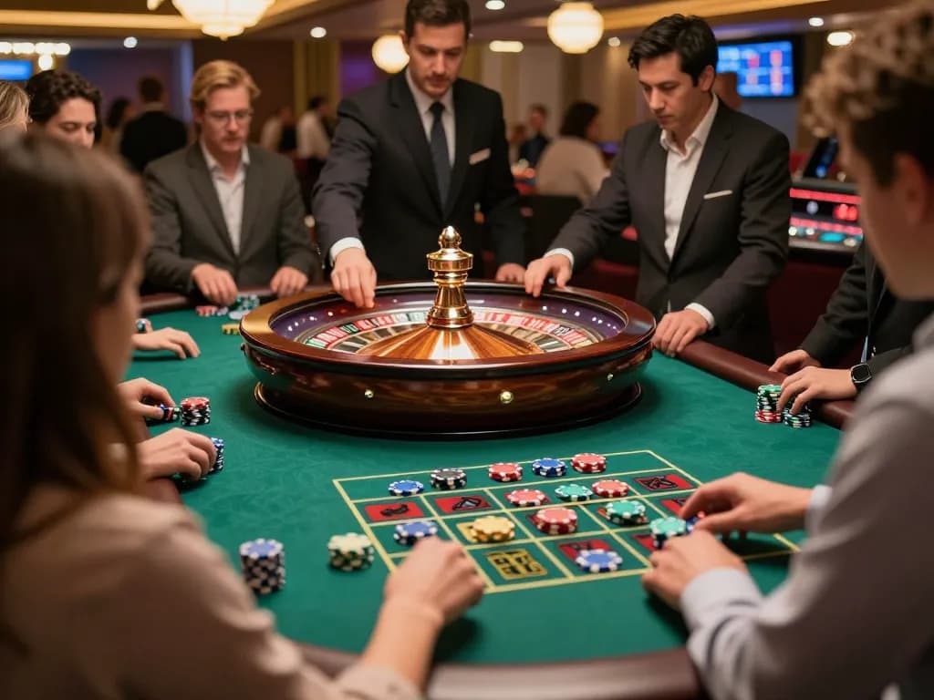 Players place bets at a sc88 roulette table during an exciting casino game.