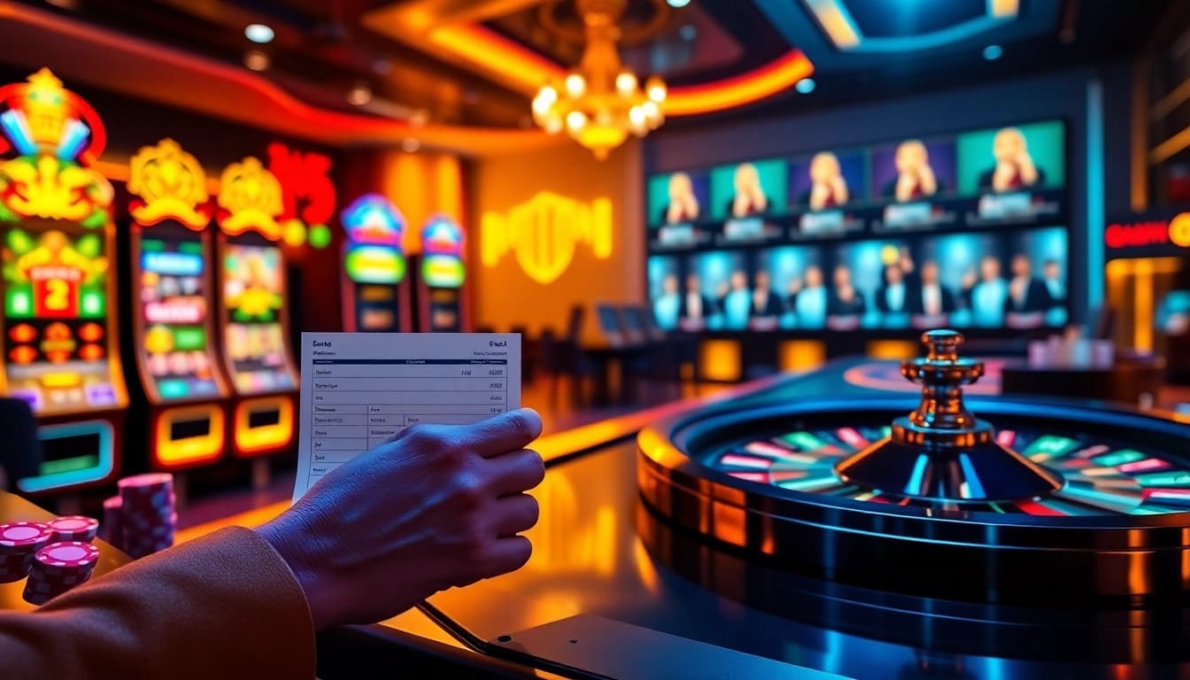 Engaging https://hm88.cafe/ online casino scene featuring betting slips, poker chips, and live dealer action