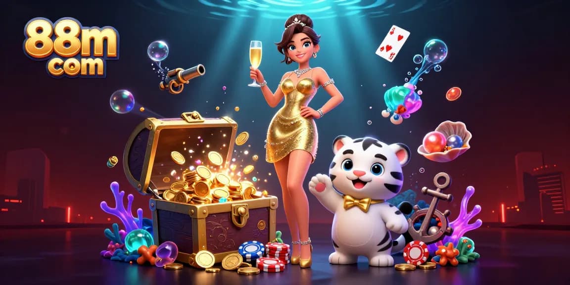 Experience thrilling gameplay at 88m com with a glamorous scene featuring a lucky cat and casino elements.
