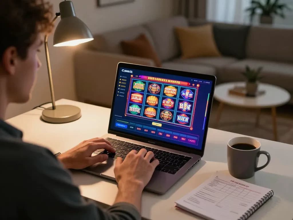 cm88 player engaged in online casino slots gaming from a cozy home office