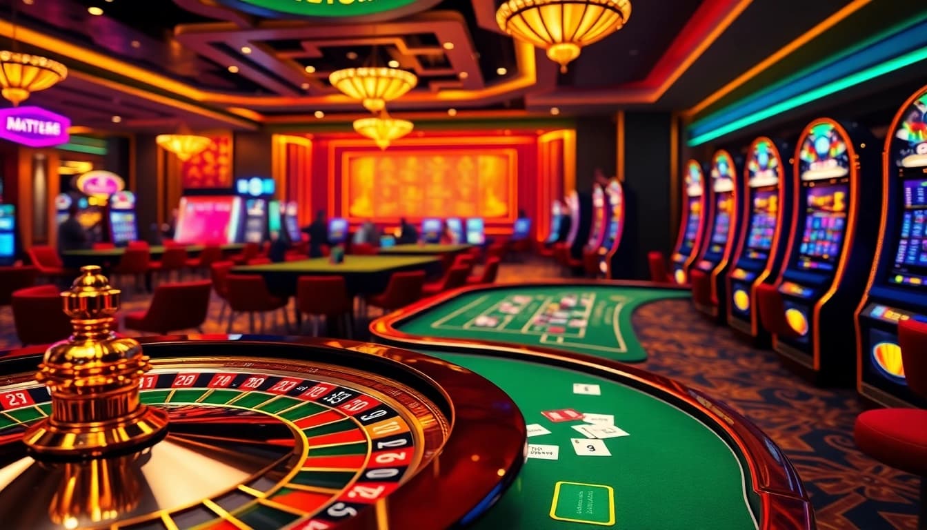 Engage with lode88 ai online gambling in a luxurious casino atmosphere featuring vibrant games and betting slips.