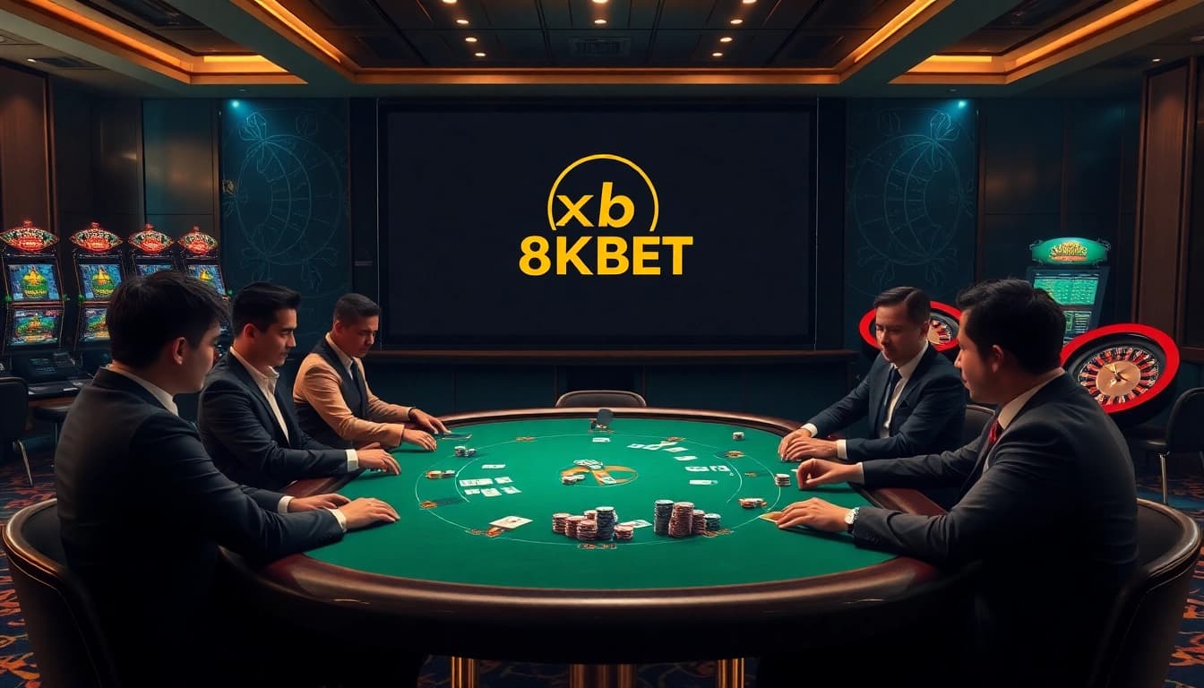 Engaging poker scene at a luxurious casino promoting 8KBET excitement and competition.