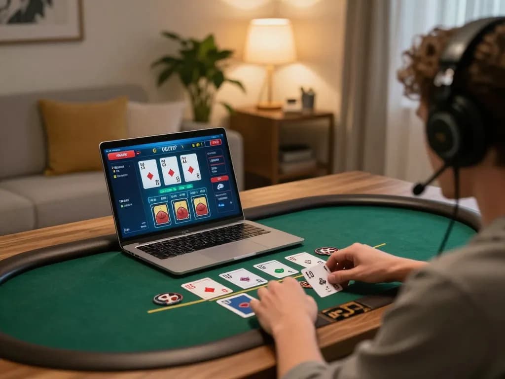 Player enjoying a dynamic blackjack game on ok365, highlighting strategic betting decisions in a cozy home setting.
