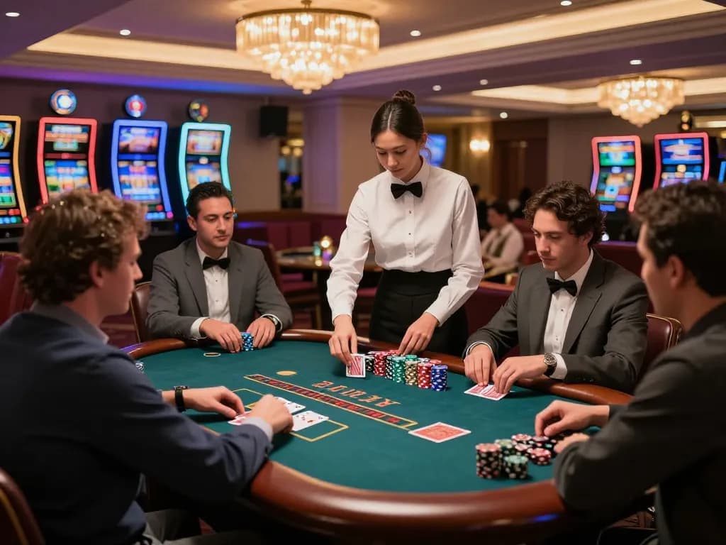 good88 players engaging in a thrilling blackjack game at an upscale casino table, showcasing strategy and excitement.