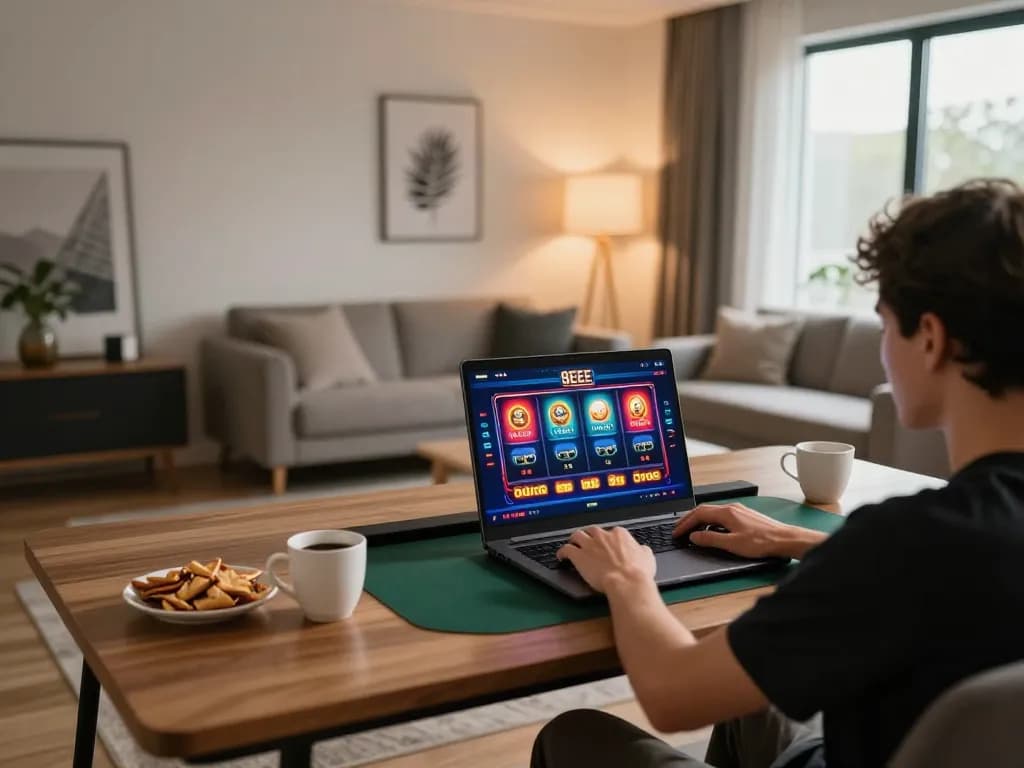 Player enjoying 8EEE online casino experience on laptop in a cozy home setting