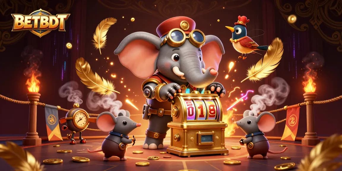 Win exciting jackpots at BETBDT with a vibrant scene featuring a steampunk elephant and golden slot machines.