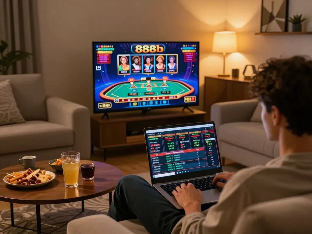 Engaging online gambling with 888b live dealer game on a laptop in a cozy home setting
