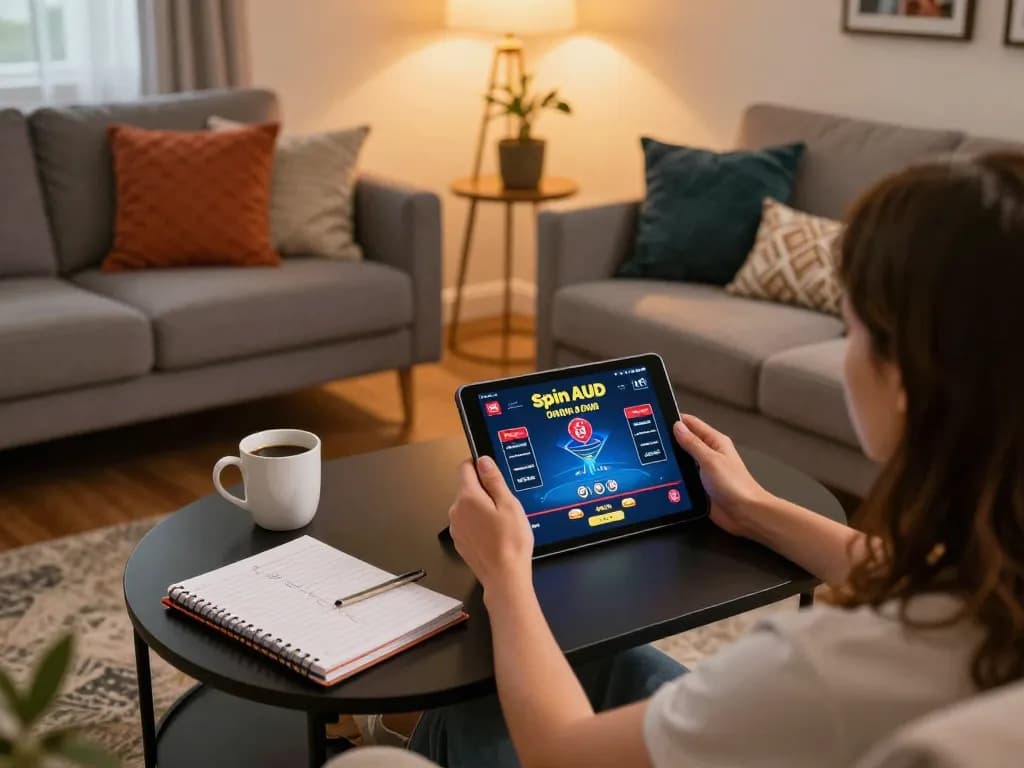 Player engages with SpinAUD online poker, combining strategy and relaxation in a cozy setting.