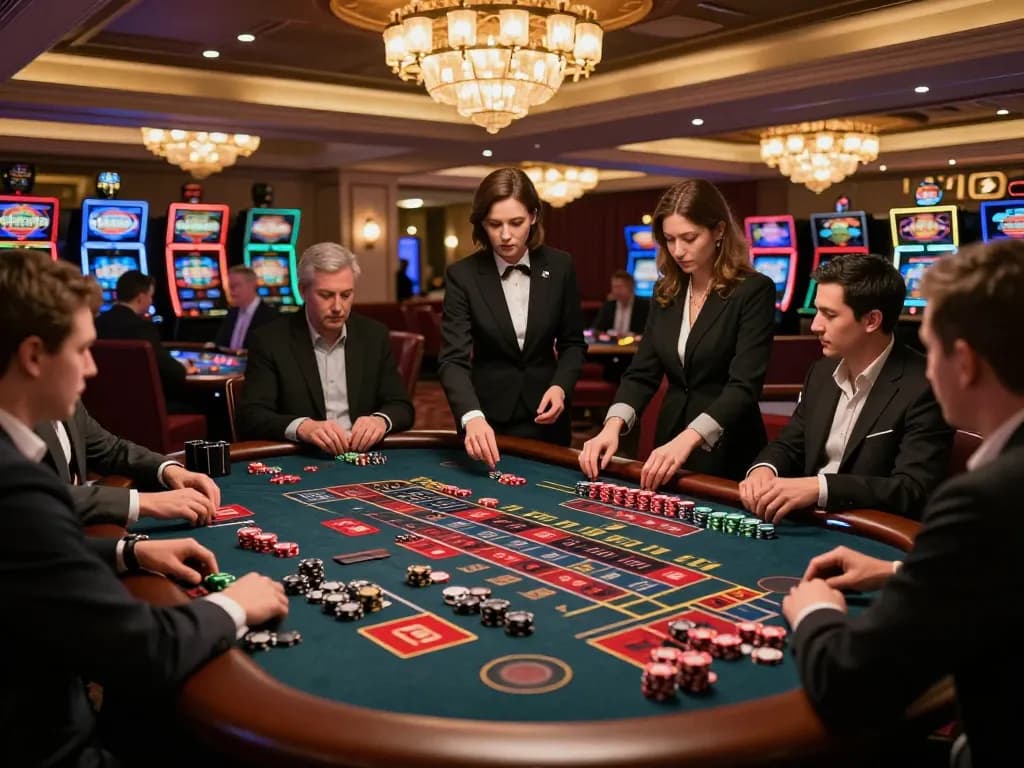 vu88 players engaging in Russian roulette at a luxurious casino venue, showcasing thrilling gameplay.