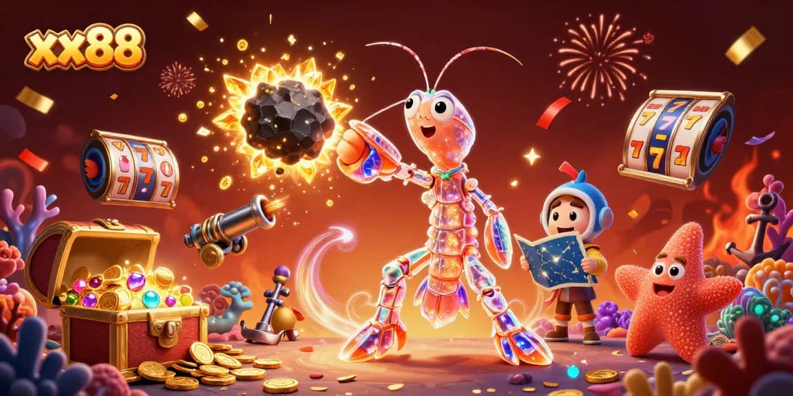 Experience the thrill of xx88 with a galactic samurai shrimp amidst exploding treasures in this dynamic casino scene.