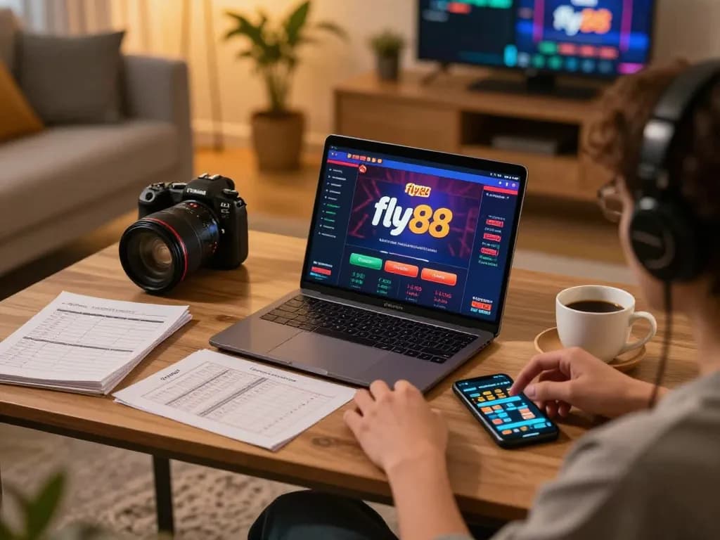 Engaging in online betting on fly88 casino platform with a laptop and smartphone at home.