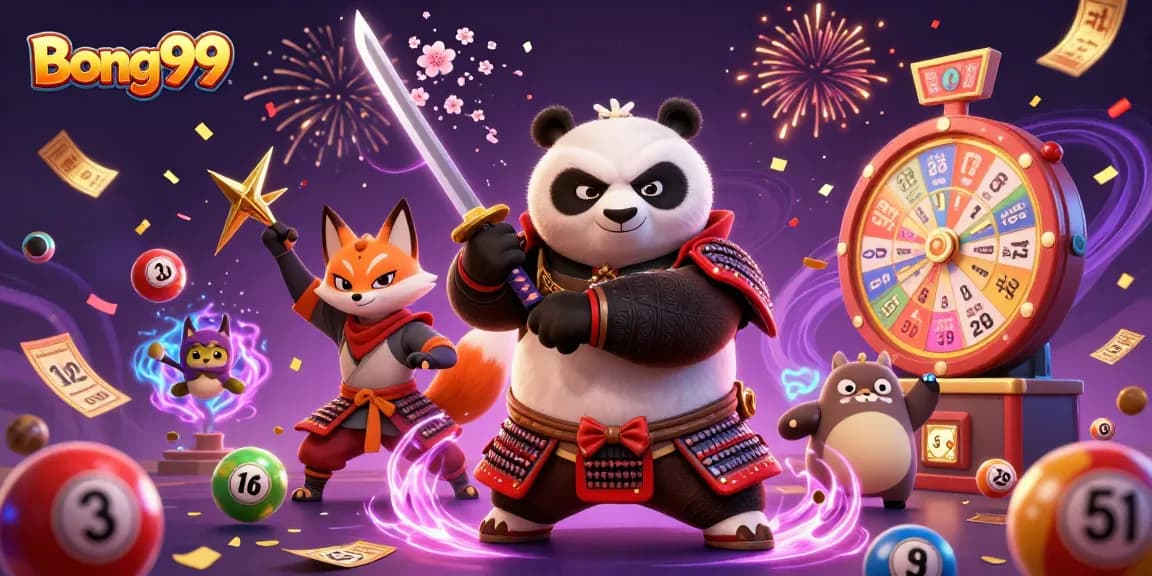Bong99 brings excitement to gaming with a dynamic scene featuring a samurai panda, ninja fox, and tanuki in a colorful lottery atmosphere.